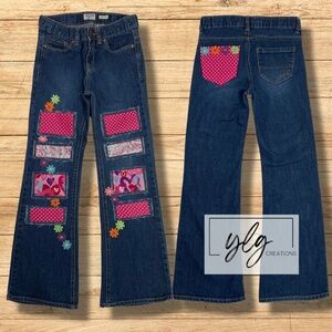 Oshkosh Flared Jeans Pink Patched Hearts Flowers Boho Upcycled Boho Girls 10